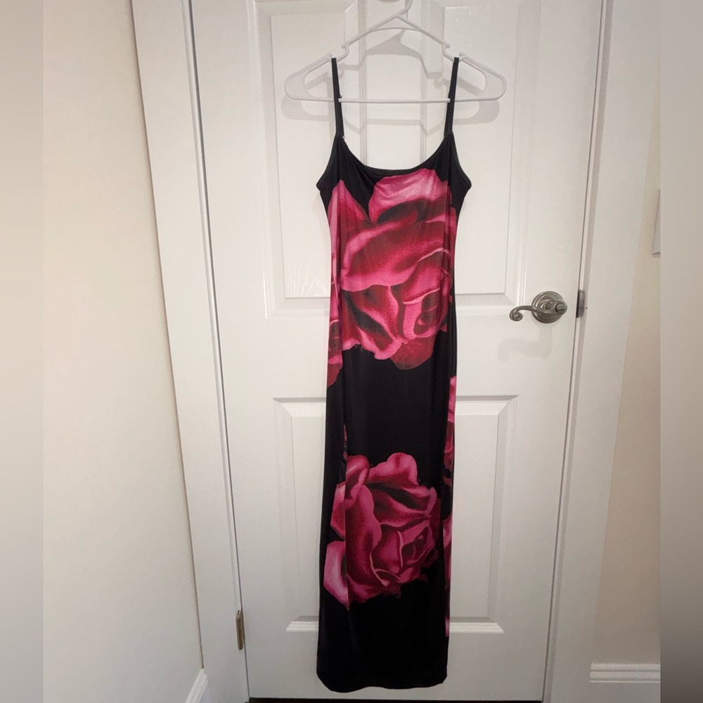 Black Maxi Dress with Pink Floral Design
